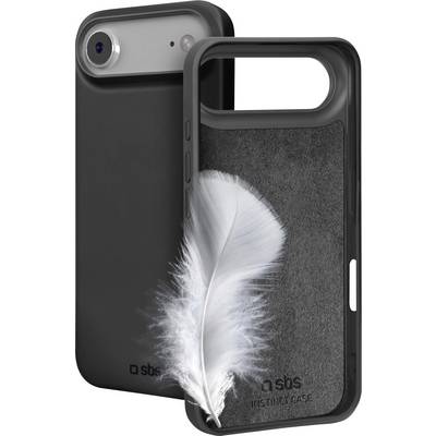 Two black phone cases displaying 'sbs' logo; one case with a soft-feel texture features a white feather, suggesting lightness.