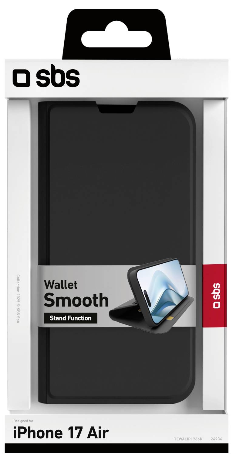 Phone case packaging for iPhone 17 Air, featuring a black wallet design with stand function. Brand 'SBS' logo visible on the box.