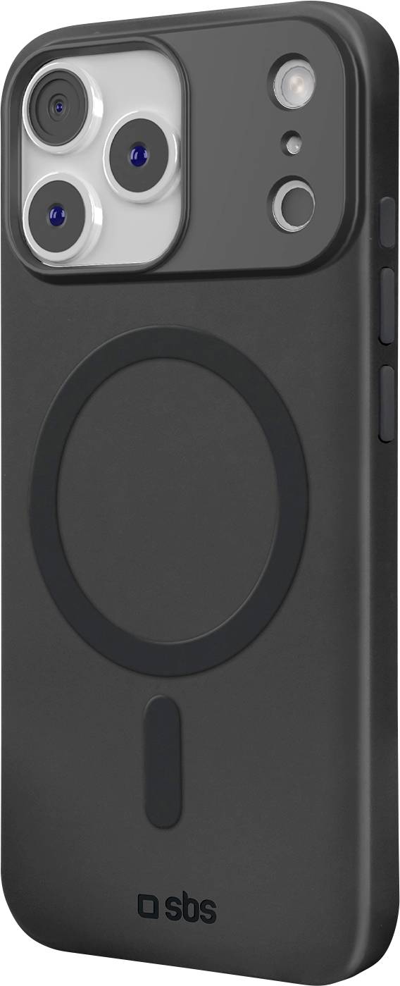 A sleek, black smartphone case with three camera cutouts and a visible circular magnetic charging area.