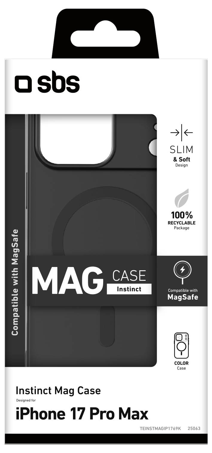 'SBS Instinct Mag Case packaging for iPhone 17 Pro Max, compatible with MagSafe, slim and soft, made with 100% recyclable packaging.'