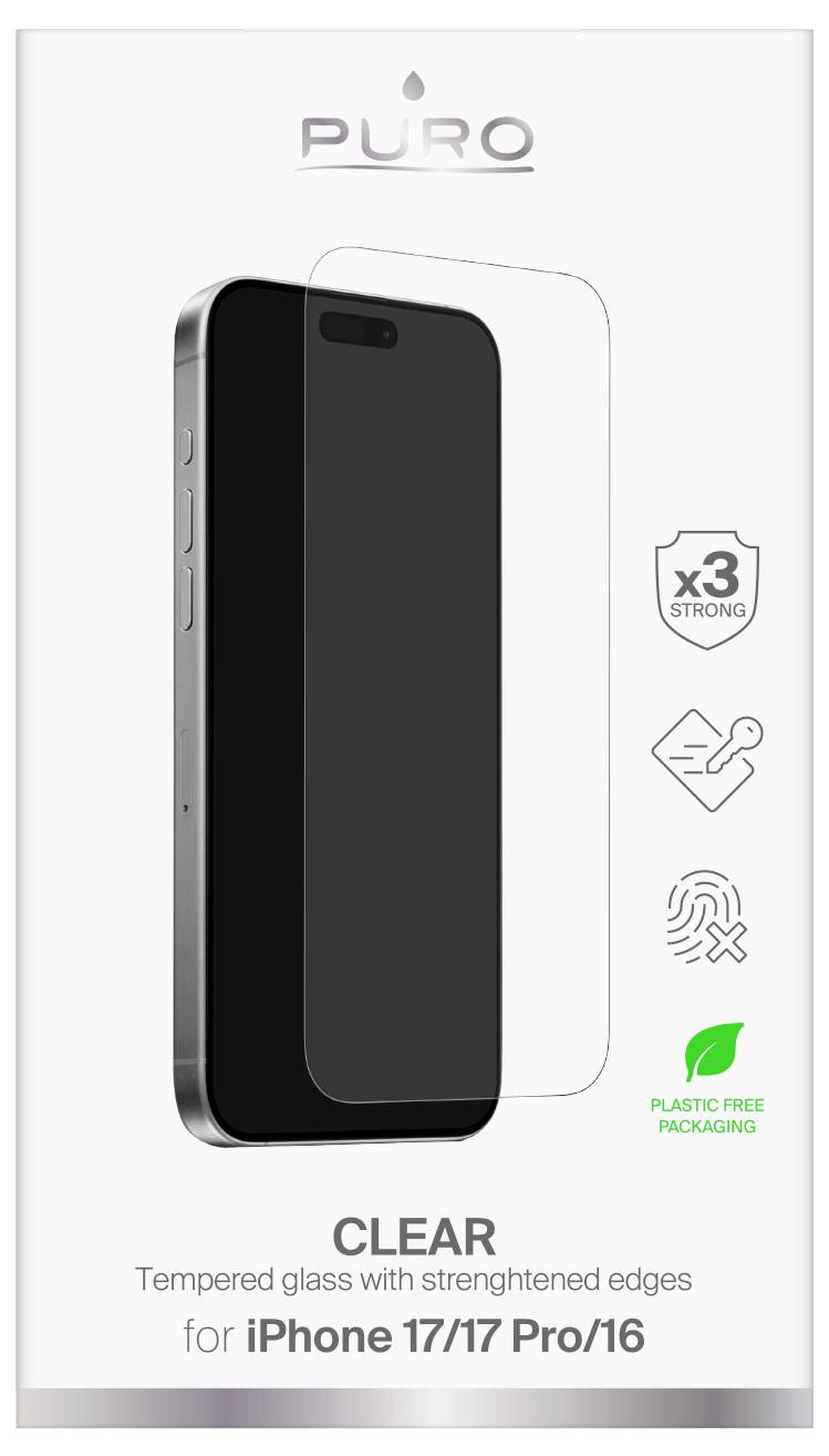Tempered glass screen protector packaging for iPhone 17/17 Pro/16 with strengthened edges, fingerprint resistant, and plastic-free packaging.