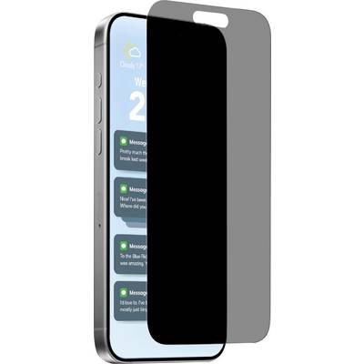 A smartphone with a privacy screen protector partially installed. The phone display shows a weather app and messaging notifications.