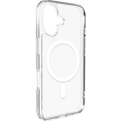 Clear phone case with MagSafe ring, showing buttons and cutouts for ports and camera.