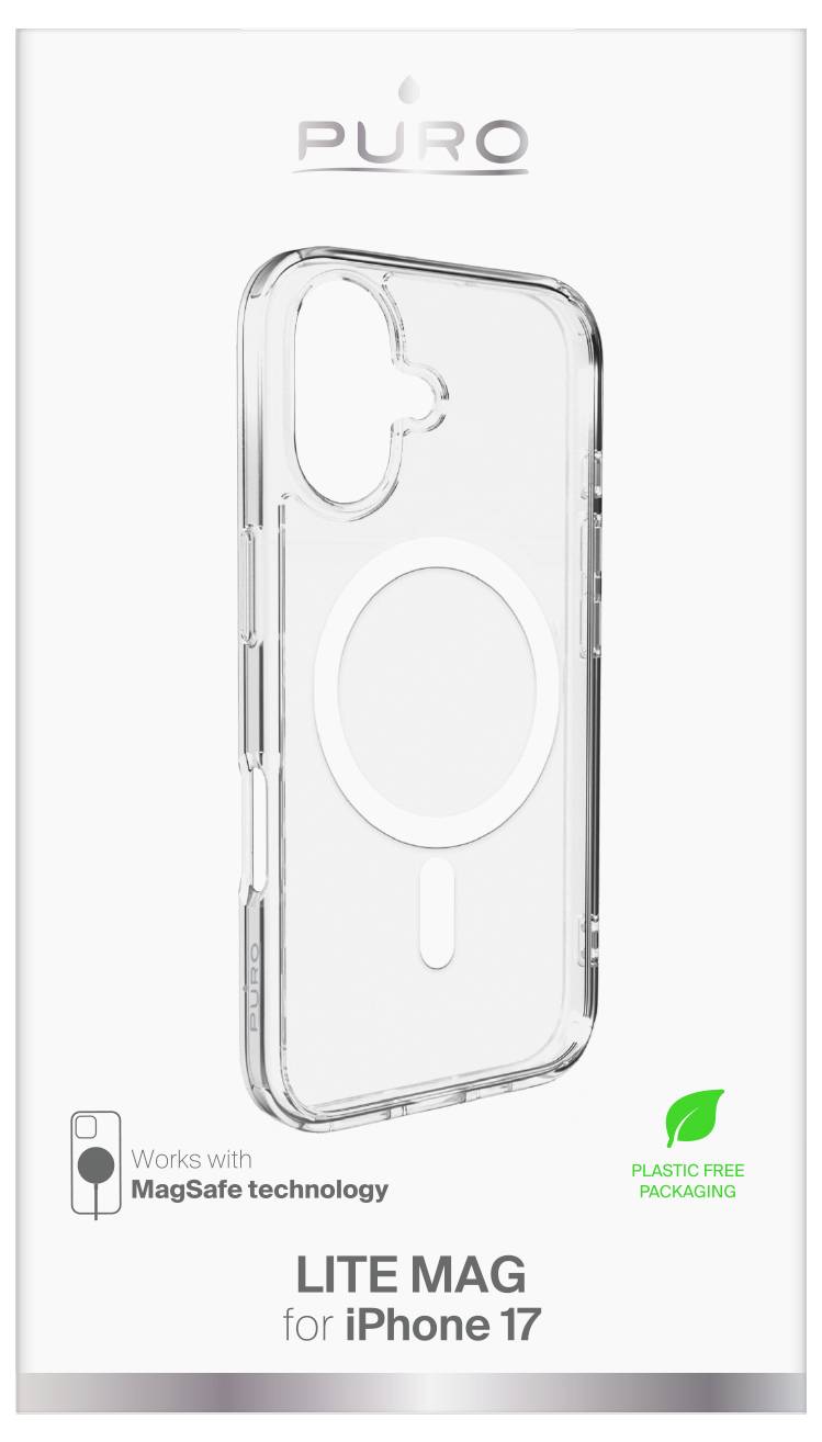 Clear case for iPhone 17 with MagSafe compatibility, highlighted by 'Lite Mag' and 'Plastic Free Packaging' labels.
