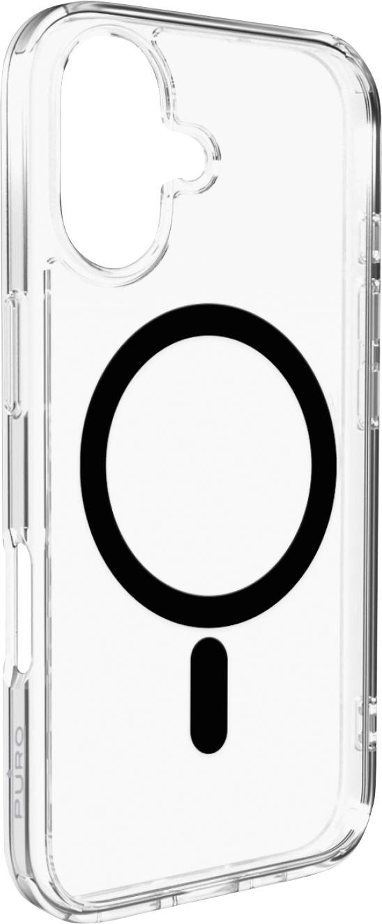 Transparent phone case with a black magnifying glass symbol on the back, designed for lens compatibility.