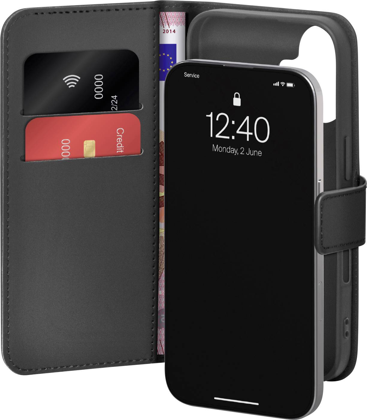 A smartphone in a black wallet case with credit cards and currency visible in slots; the phone displays a locked screen showing time and date.