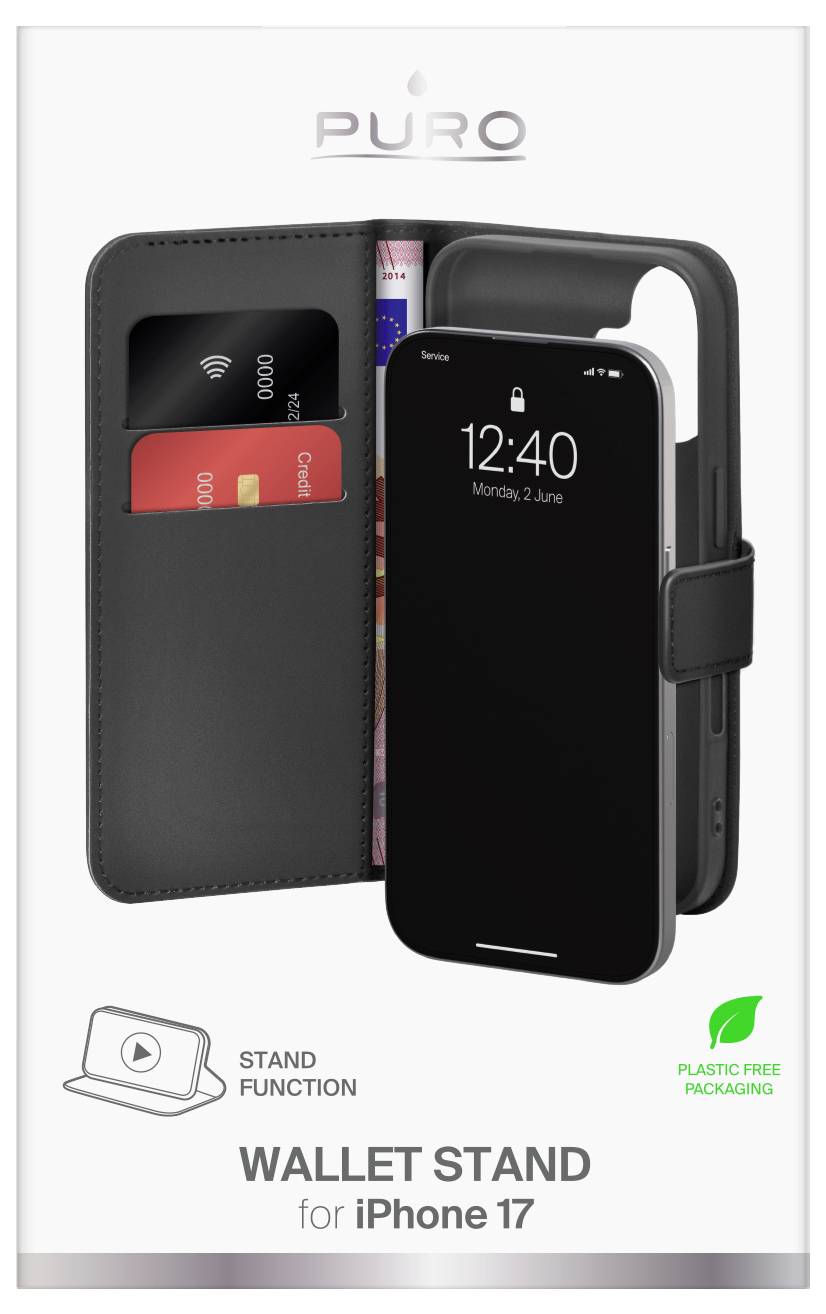 'iPhone 17 wallet stand case featuring card holder slots and stand function; plastic-free packaging highlighted.'