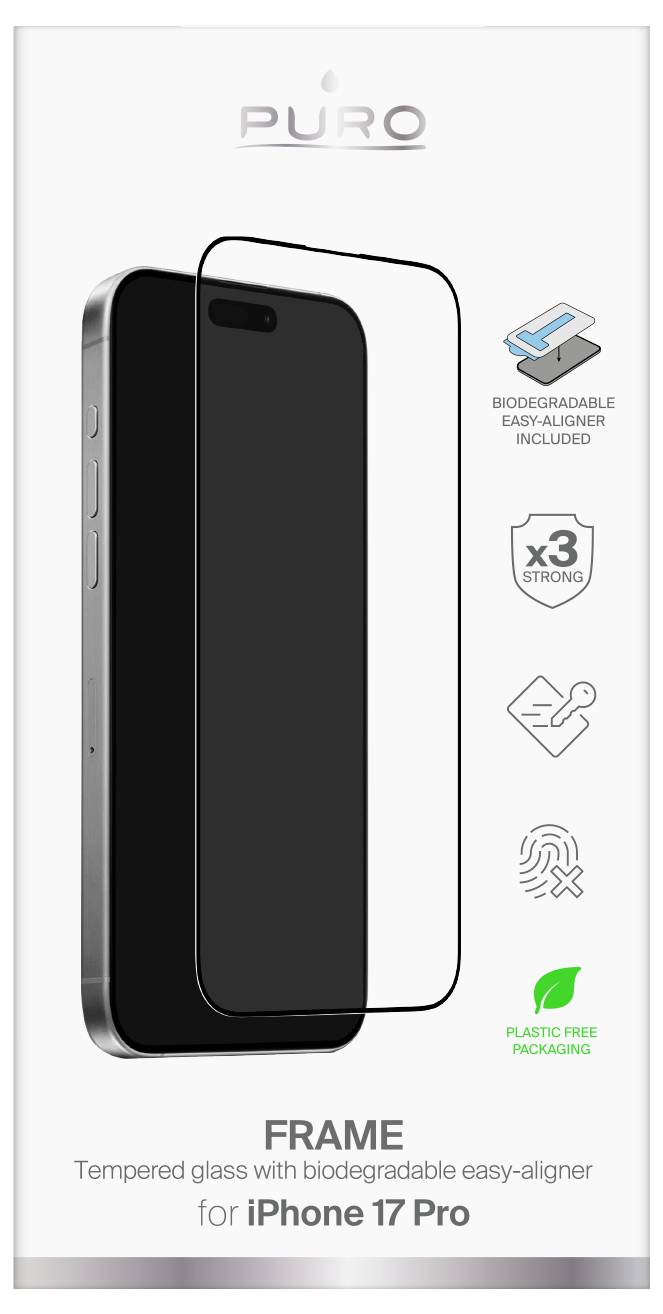 Tempered glass screen protector packaging for iPhone 17 Pro with biodegradable easy-aligner and plastic-free packaging.
