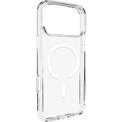 A clear smartphone case designed for MagSafe compatibility, featuring a circular magnetic outline on the back for secure attachment.