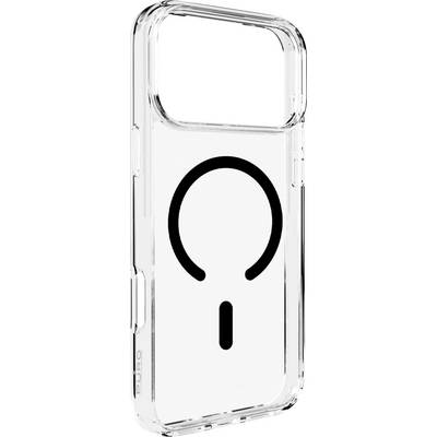 Clear smartphone case with a large black circle design and a vertical line at the bottom, showing a MagSafe compatible feature.