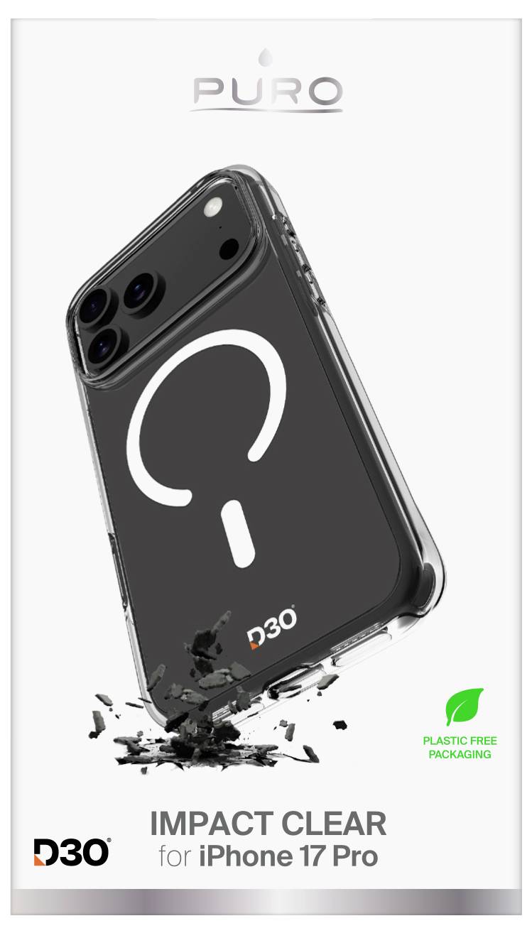 Packaging for a 'Puro Impact Clear' phone case for iPhone 17 Pro, emphasizing D30 technology and plastic-free packaging.