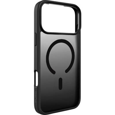 A black phone case with a circular logo design on the back. The case has openings for buttons and ports, providing protection and style.