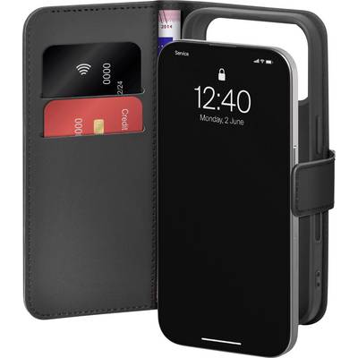 A smartphone with the screen showing '12:40, Monday, 2 June,' placed in a black leather wallet case holding two credit cards and an ID.