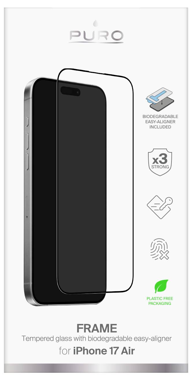 'Puro Frame' screen protector packaging for iPhone 17 Air with biodegradable easy-aligner and plastic-free packaging features.