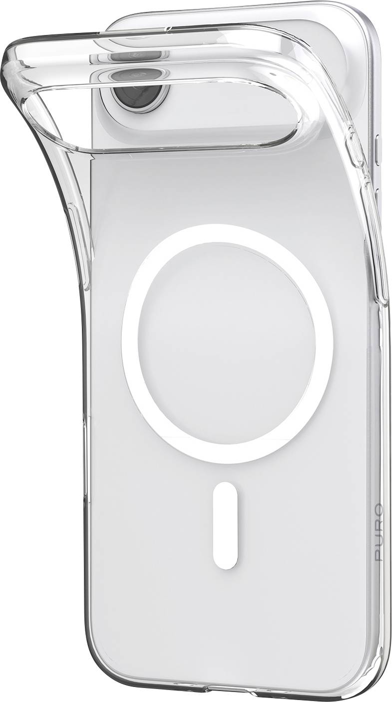 A transparent smartphone case with a large camera cutout and circular decal on the back is shown, highlighting its sleek design.