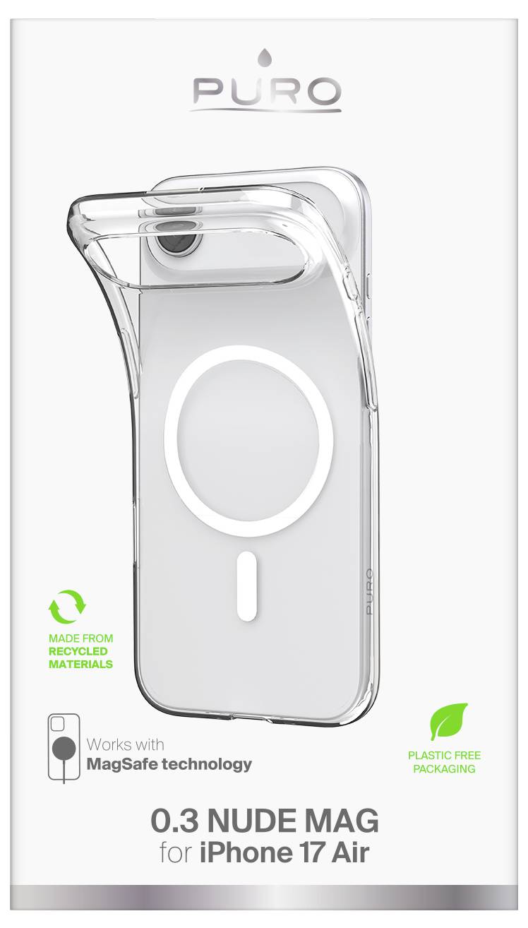Transparent iPhone 17 Air case with MagSafe technology, '0.3 Nude Mag', eco-friendly materials, plastic-free packaging.
