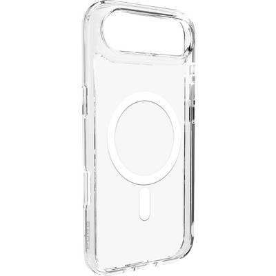 A transparent phone case with a circular magnetic design, suitable for MagSafe charging, shown from the side to highlight its thickness.