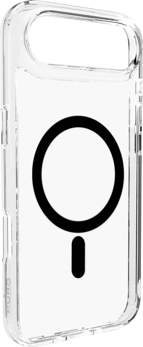 A clear phone case with a black exclamation mark design on the back, viewed from an angle.