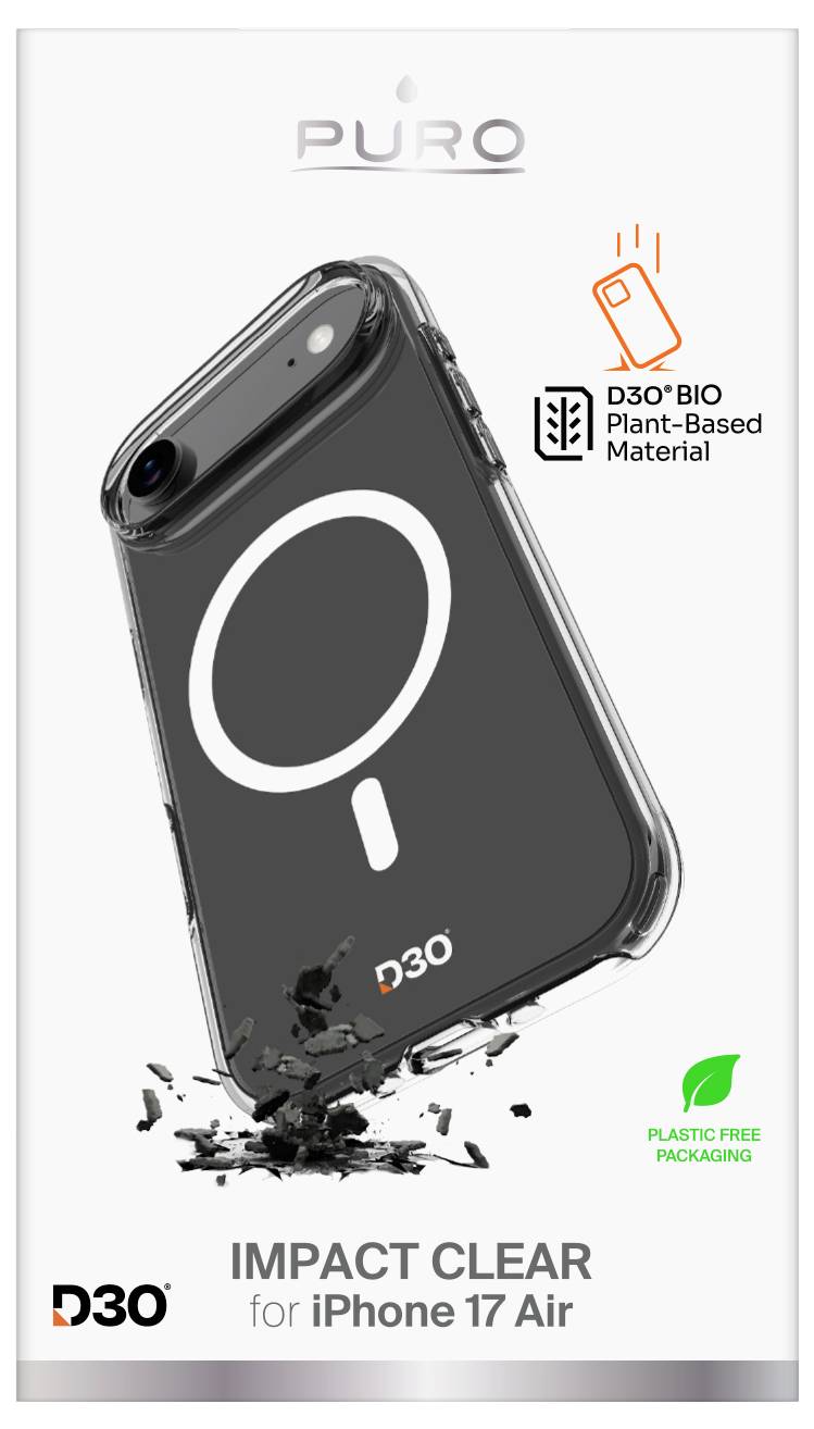 Clear phone case for iPhone 17 Air made from D3O Bio plant-based material, featuring impact protection and plastic-free packaging.