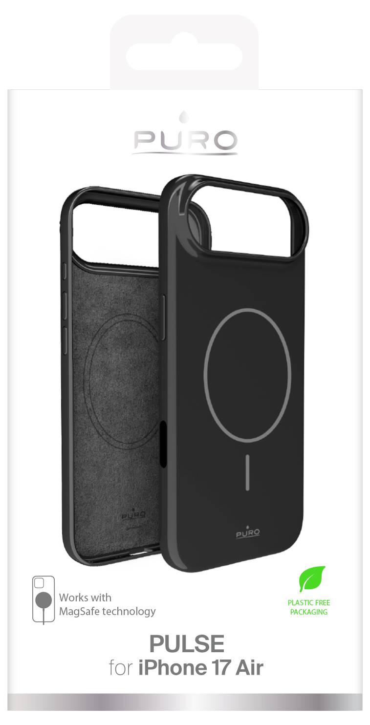 'Puro Pulse for iPhone 17 Air' phone case packaging featuring MagSafe technology compatibility and plastic-free packaging.
