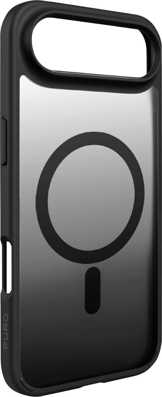 Phone case with a sleek, black design featuring a circular emblem on the back, compatible with MagSafe technology.