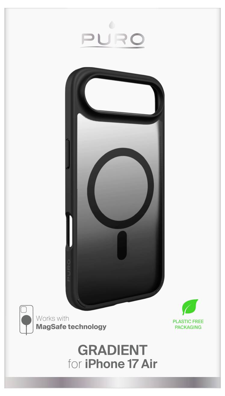 'iPhone 17 Air' black gradient phone case with MagSafe compatibility, showcased in plastic-free packaging by Puro.