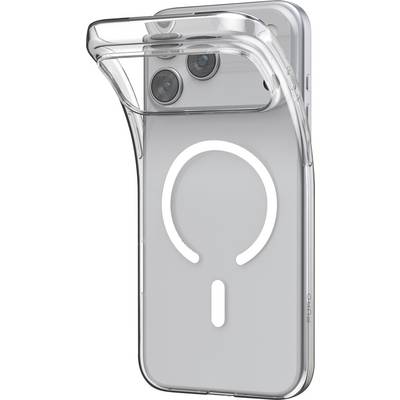 A clear phone case with a built-in attachable mount, shown on the back of a smartphone, highlighting the camera and MagSafe design.