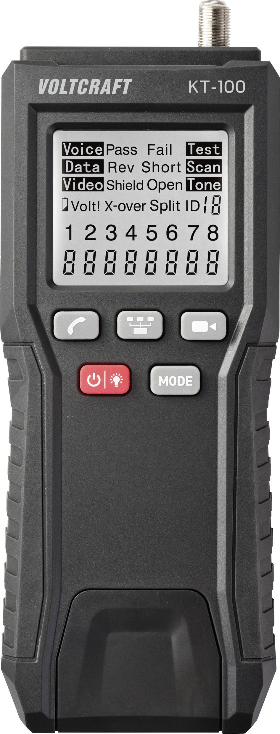 'Voltcraft KT-100' network cable tester with a screen displaying various test results like 'Pass', 'Fail', 'Short', 'Open'.