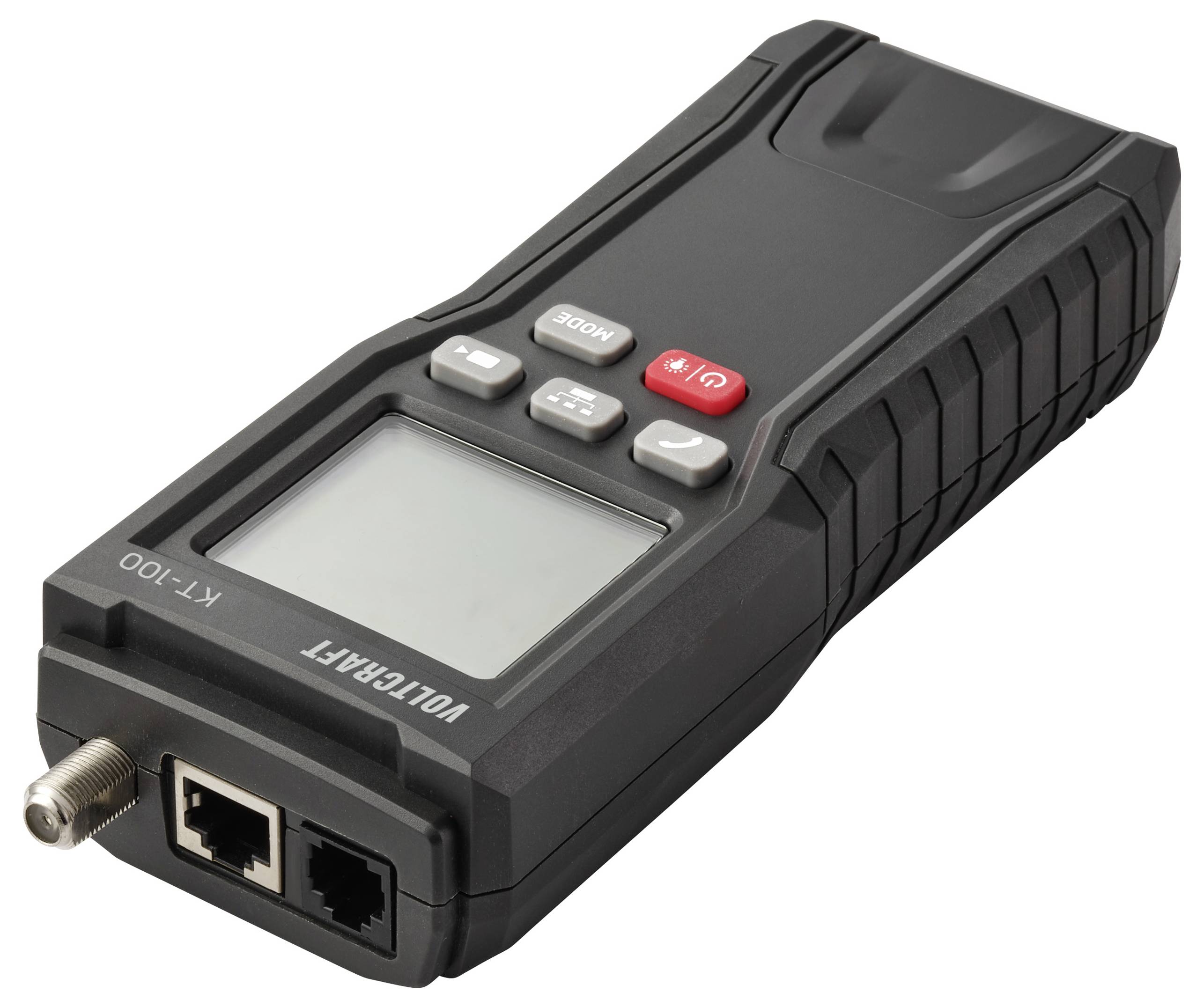 A handheld network cable tester with a screen and several buttons, including red 'Test' and gray 'Mode'. It has Ethernet ports at the bottom.