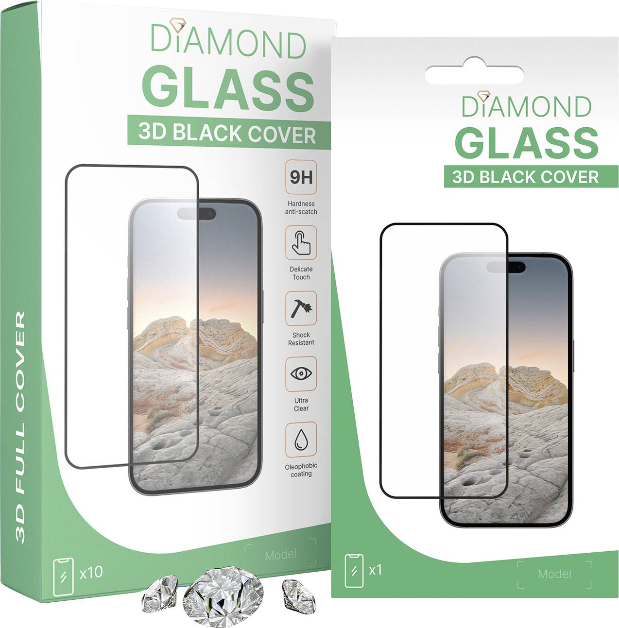 'Diamond Glass 3D Black Cover' phone screen protector packaging, emphasizing features like anti-scratch, delicate touch, and shock resistance.