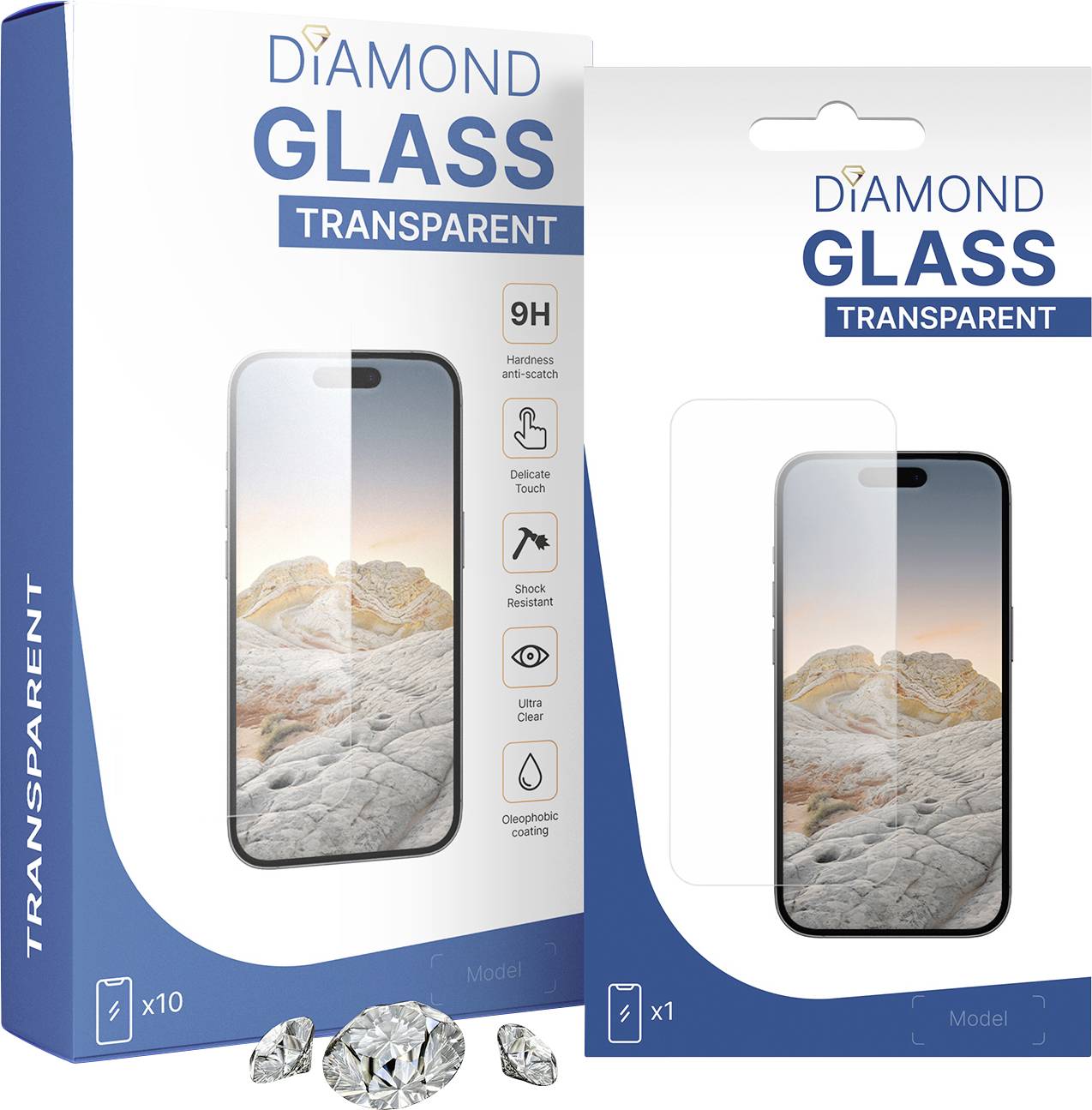 'Diamond Glass Transparent' phone screen protector packaging showing product on a phone. Features include anti-scratch, shock resistance.