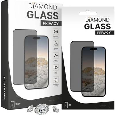 'Diamond Glass Privacy' screen protectors in packaging for smartphones, featuring anti-scratch, shock resistance, and ultra-clear qualities.