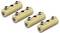 Four brass connectors arranged in a row, each with threaded holes and screws for secure attachment or use in plumbing or electronics.