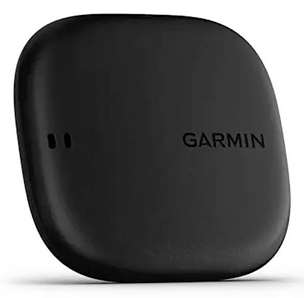 A black Garmin GPS tracker with a sleek, rectangular shape and logo on the front, suitable for discreet placement or travel use.
