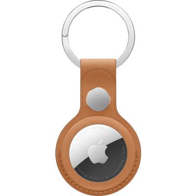 An AirTag in an orange leather key ring holder with a shiny silver Apple logo, designed to help keep track of personal items.