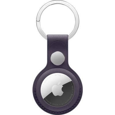 A round device with a metallic keyring, encased in a dark leather holder, featuring an Apple logo.
