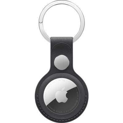 A black leather key ring with an AirTag attached, featuring Apple's logo. The top reads 'Designed by Apple in California'.