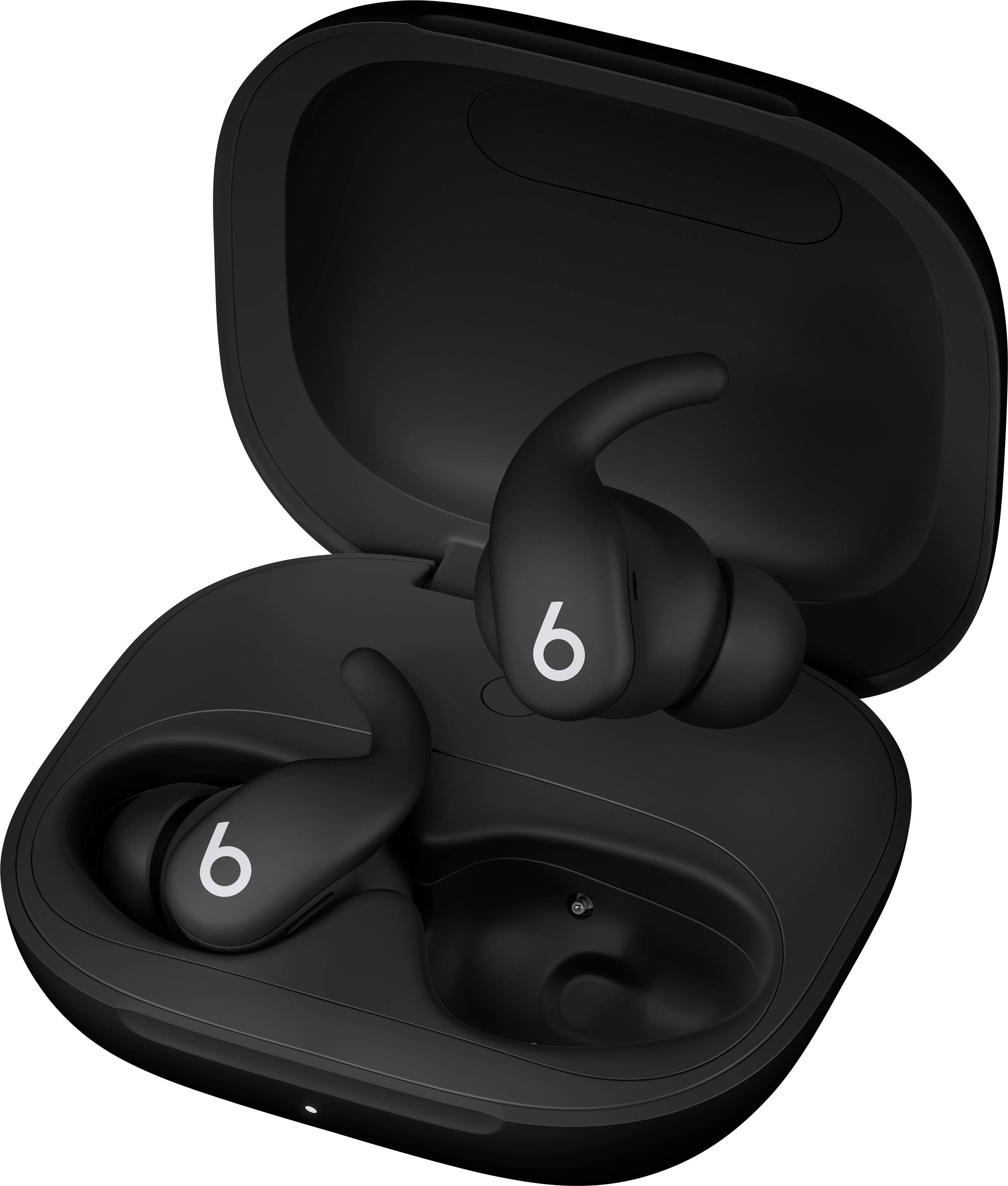 Black wireless earbuds in an open charging case, showcasing soft ear tips and sleek design for comfortable, high-quality audio experience.
