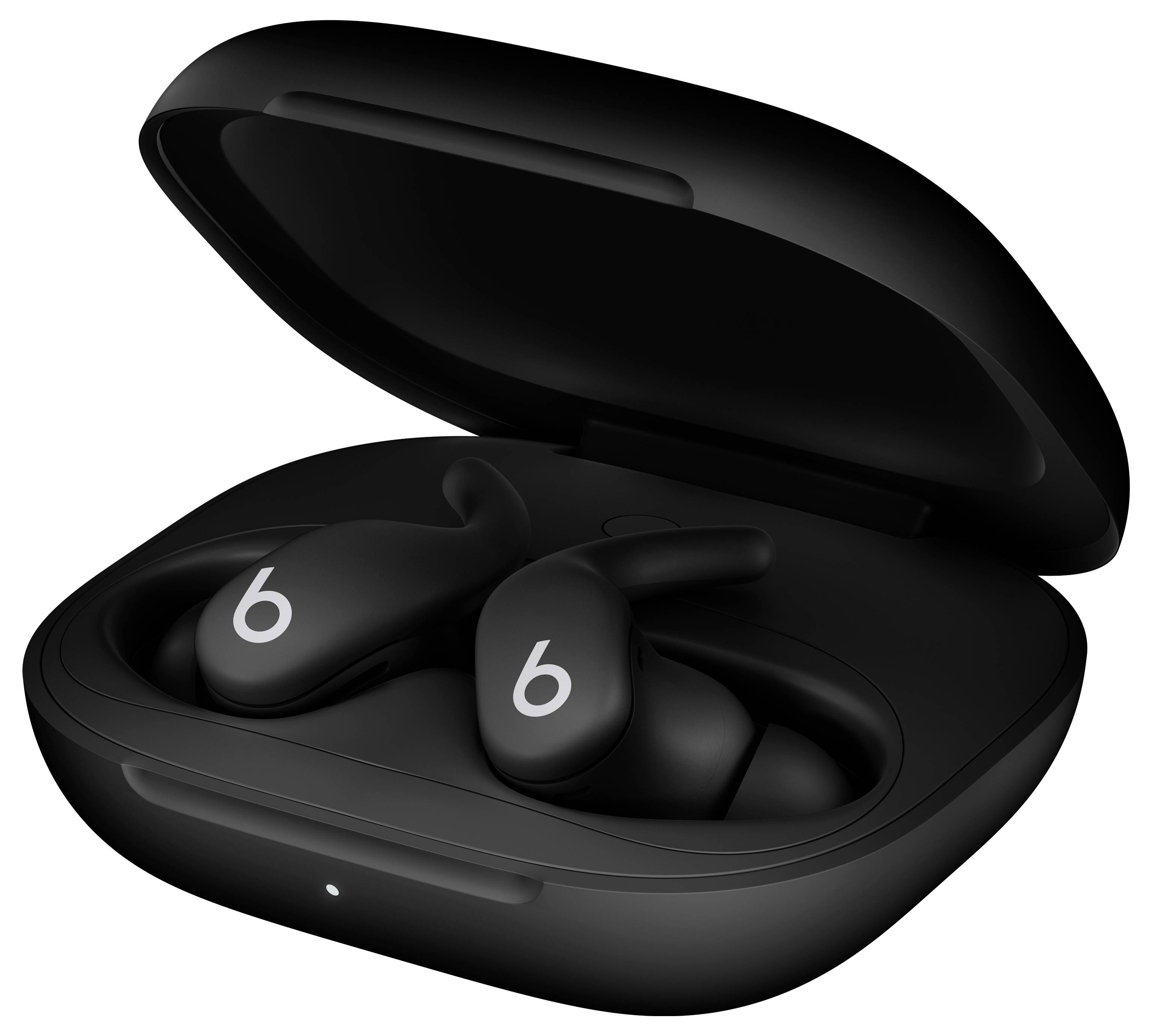 Black wireless earbuds with a 'b' logo, placed in an open charging case.
