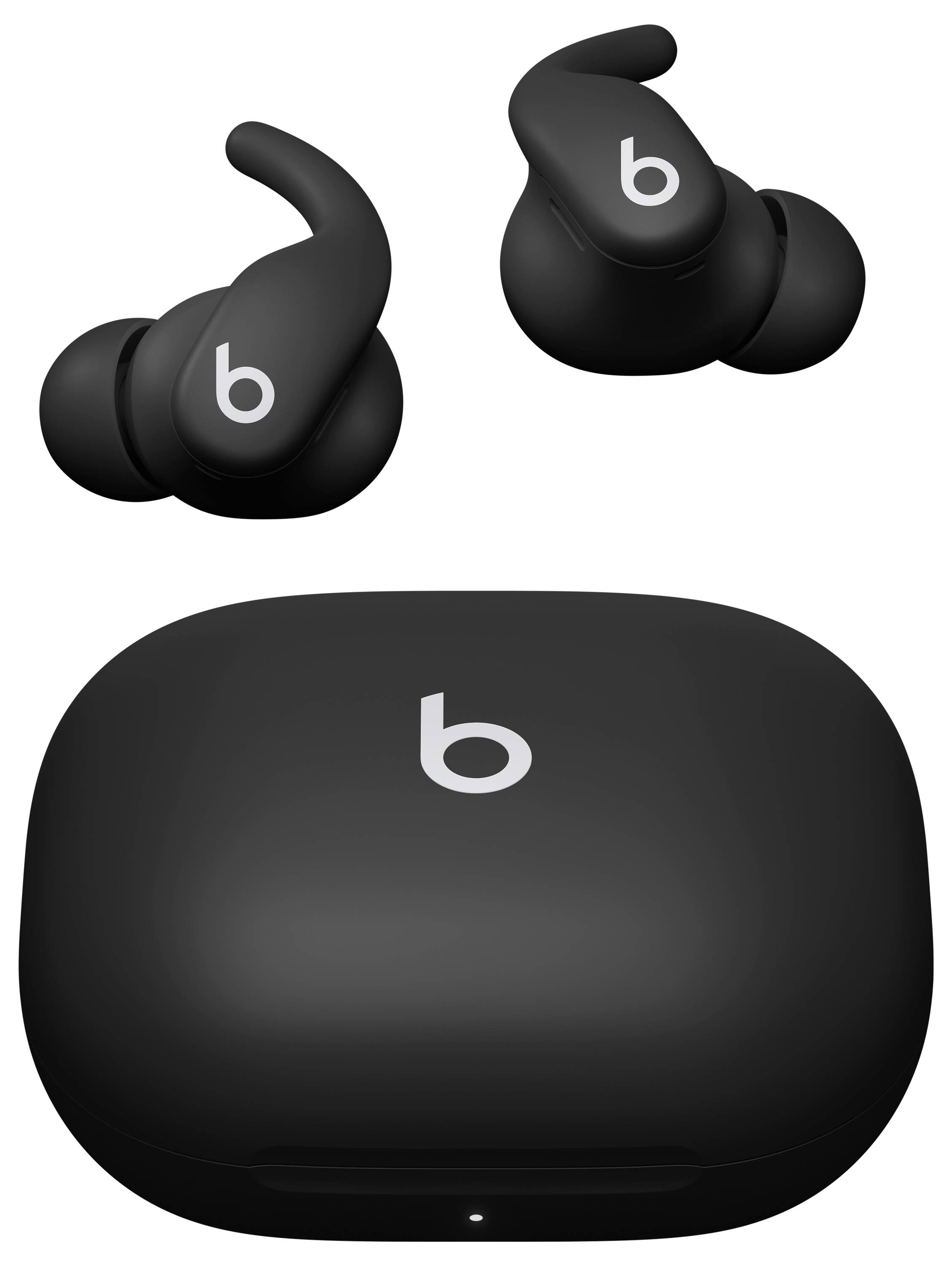 Black wireless earbuds with distinctive 'b' logo, accompanied by a matching charging case featuring the same logo on the lid.
