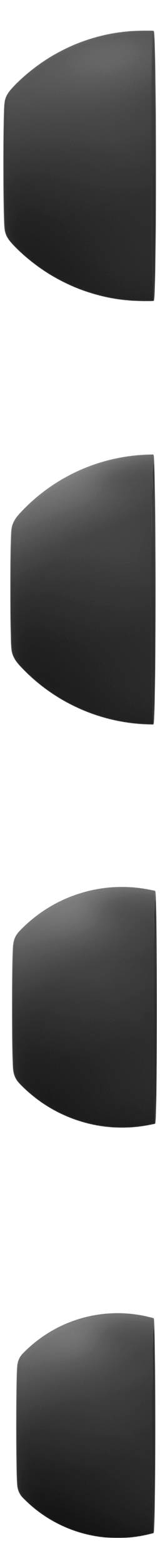 Four black, semi-circular objects stacked vertically with a smooth, matte finish, resembling a set of buttons or dials.