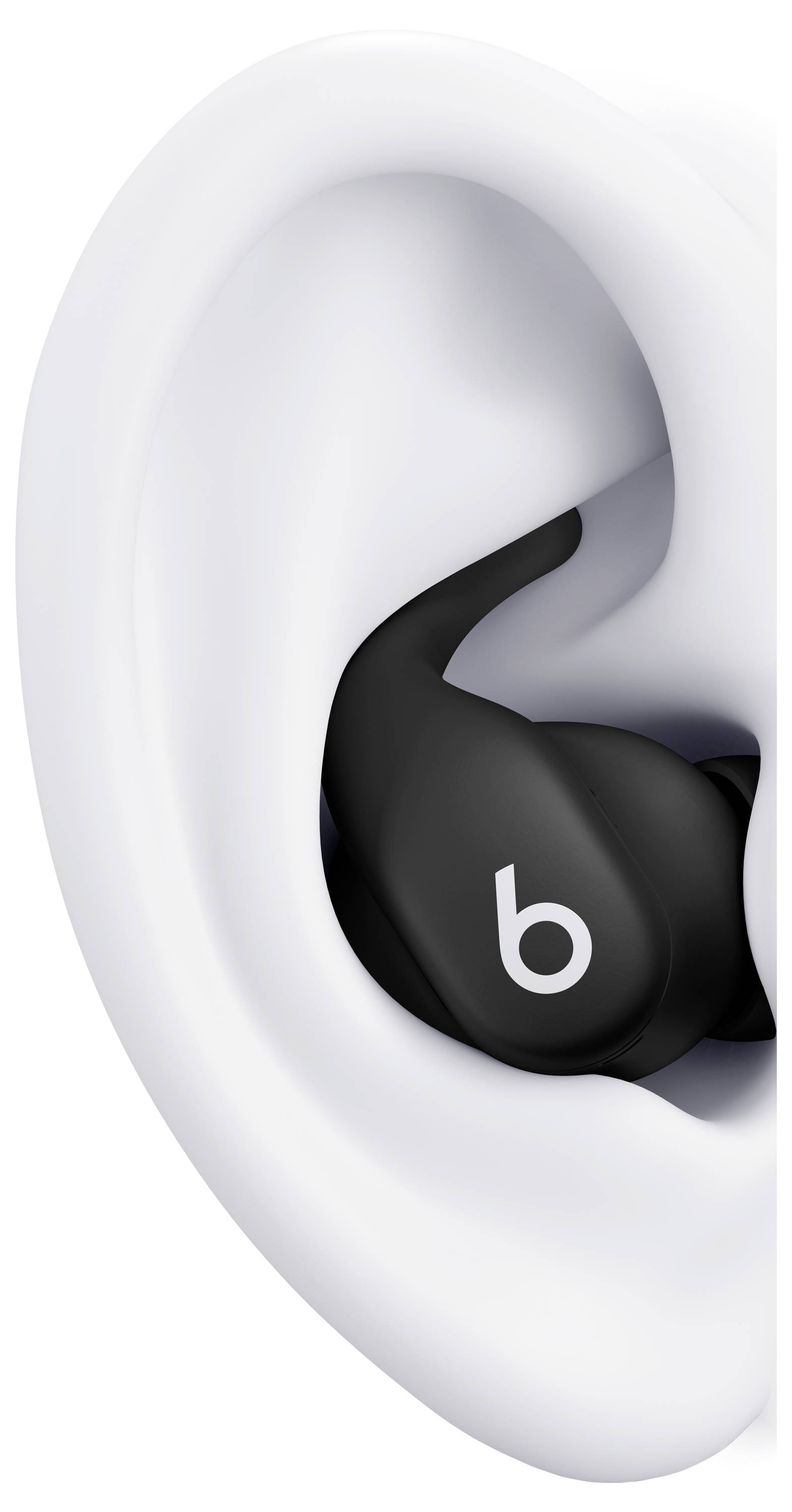 A black earbud with a 'b' logo fits snugly inside a human ear, illustrating a secure and comfortable fit for audio listening.