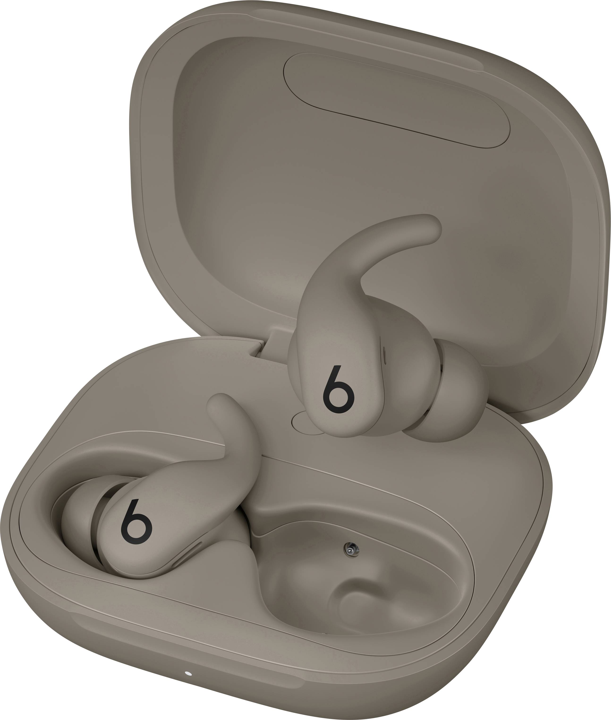 Open charging case with two wireless earbuds inside, featuring ergonomic ear hooks and a sleek, minimalist design in a neutral color.