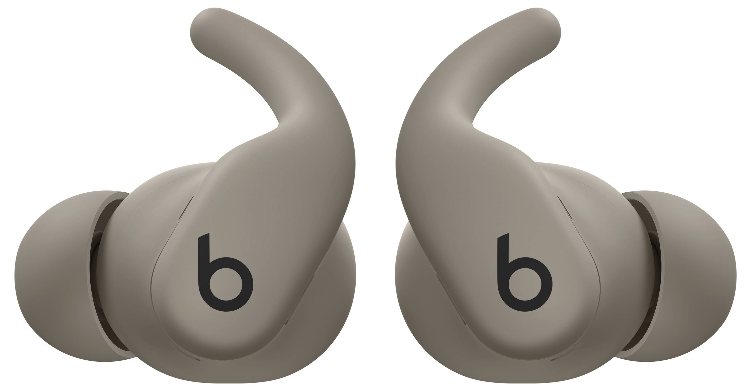 Wireless earbuds in beige color featuring the letter 'b' on each, designed with winged tips for secure in-ear fit.