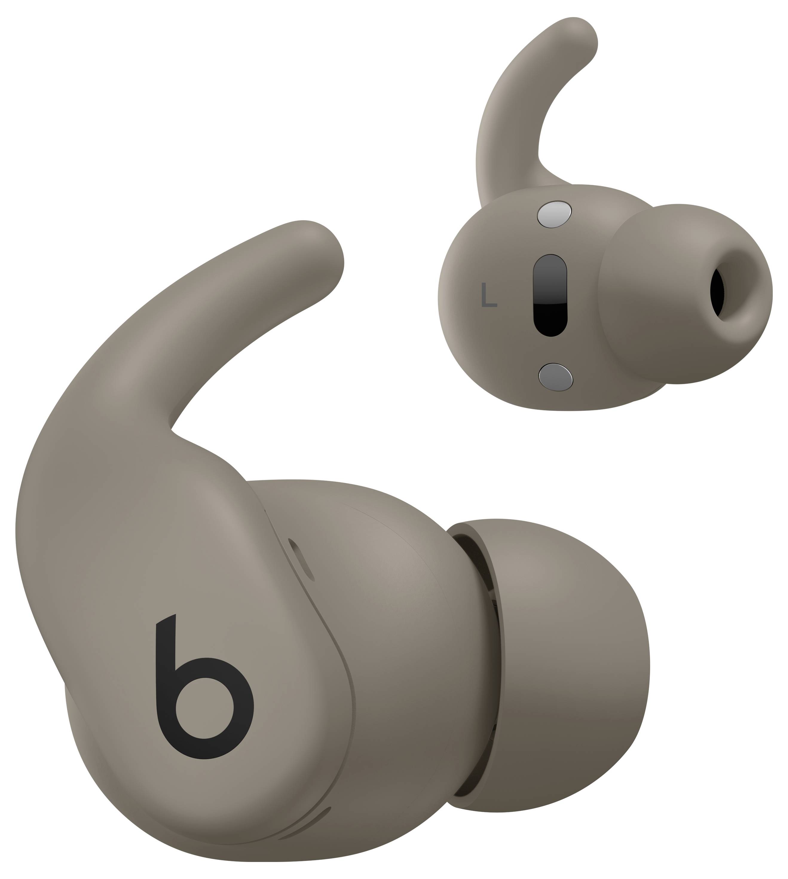 Brown wireless earbuds with ear hooks and 'b' logo; left earbud shown from the front and side.