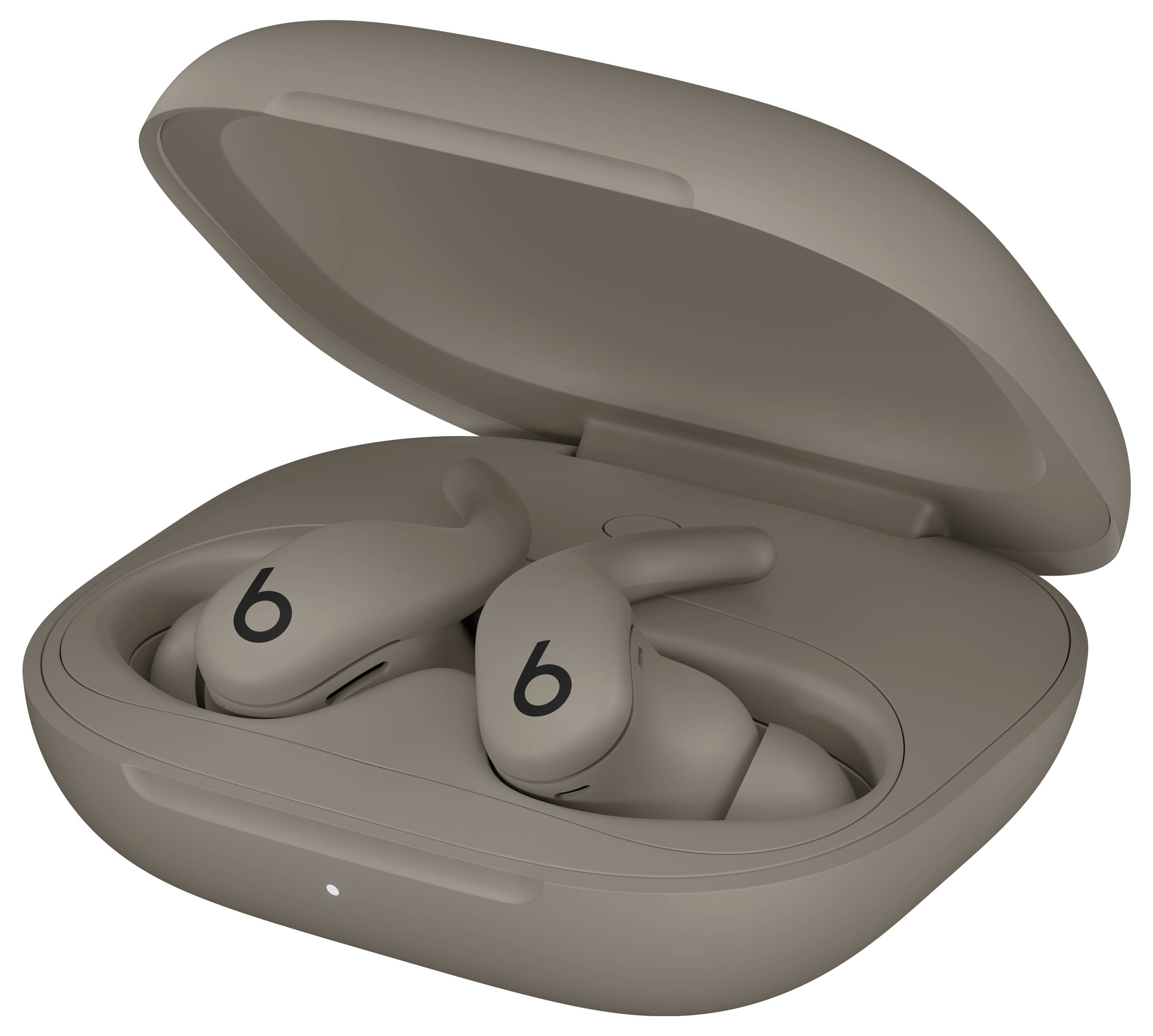 Wireless earbuds in an open charging case, designed for secure fit and portability, featuring a 'b' logo on each earbud.
