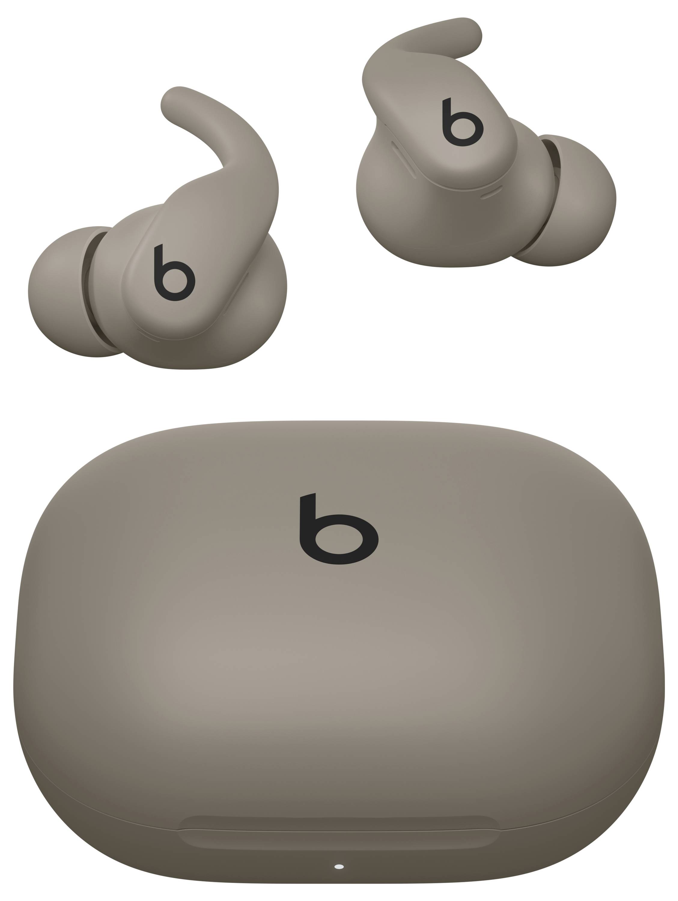 Tan wireless earbuds with 'b' logo on each and matching charging case, shown from a top view.