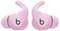 Pink wireless earbuds with ear hooks featuring a 'b' logo on each, designed for a secure fit and comfort during use.
