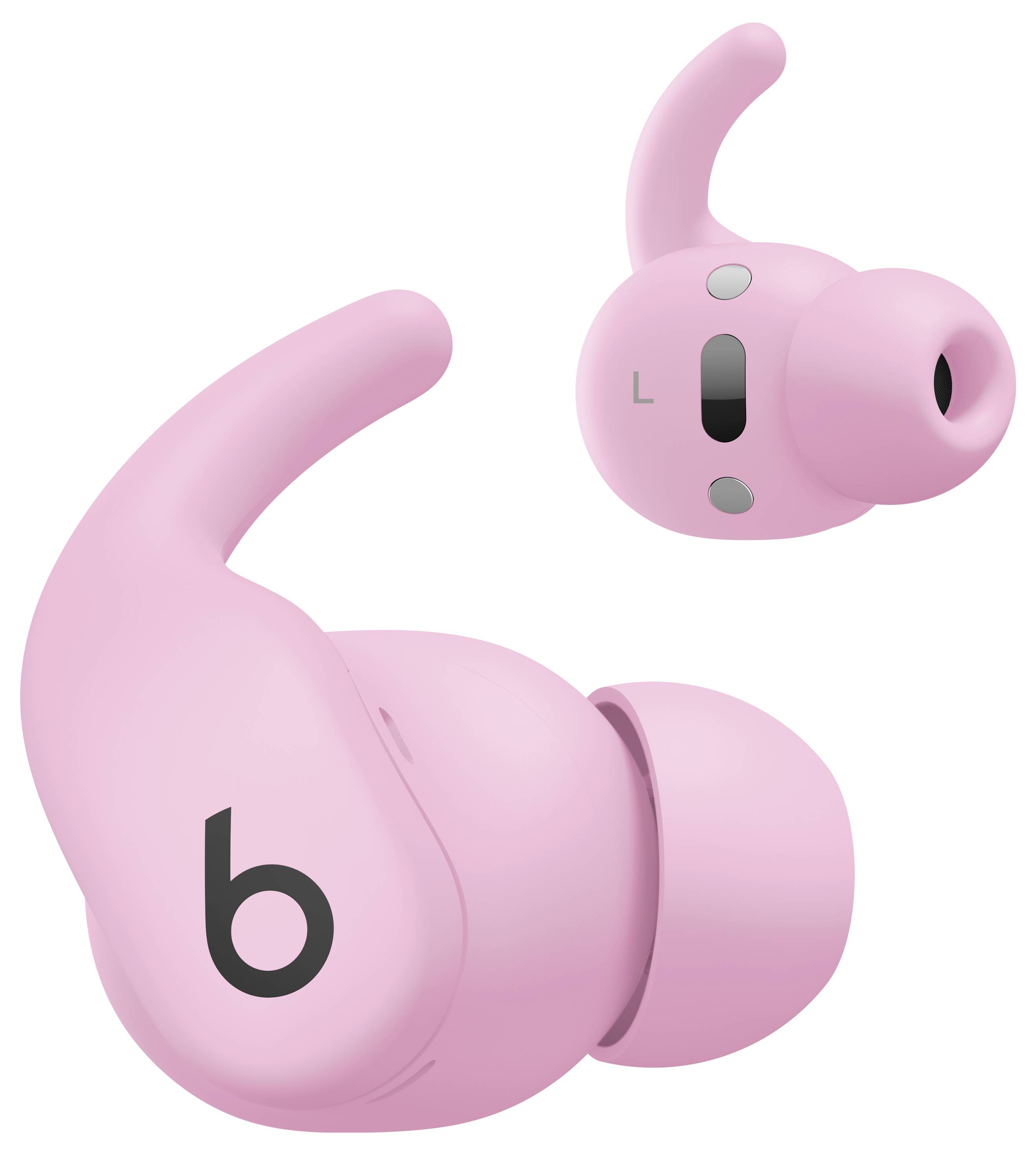 Pink wireless earbuds featuring a sleek design with an ear hook for fit. Black logo 'b' on the side.