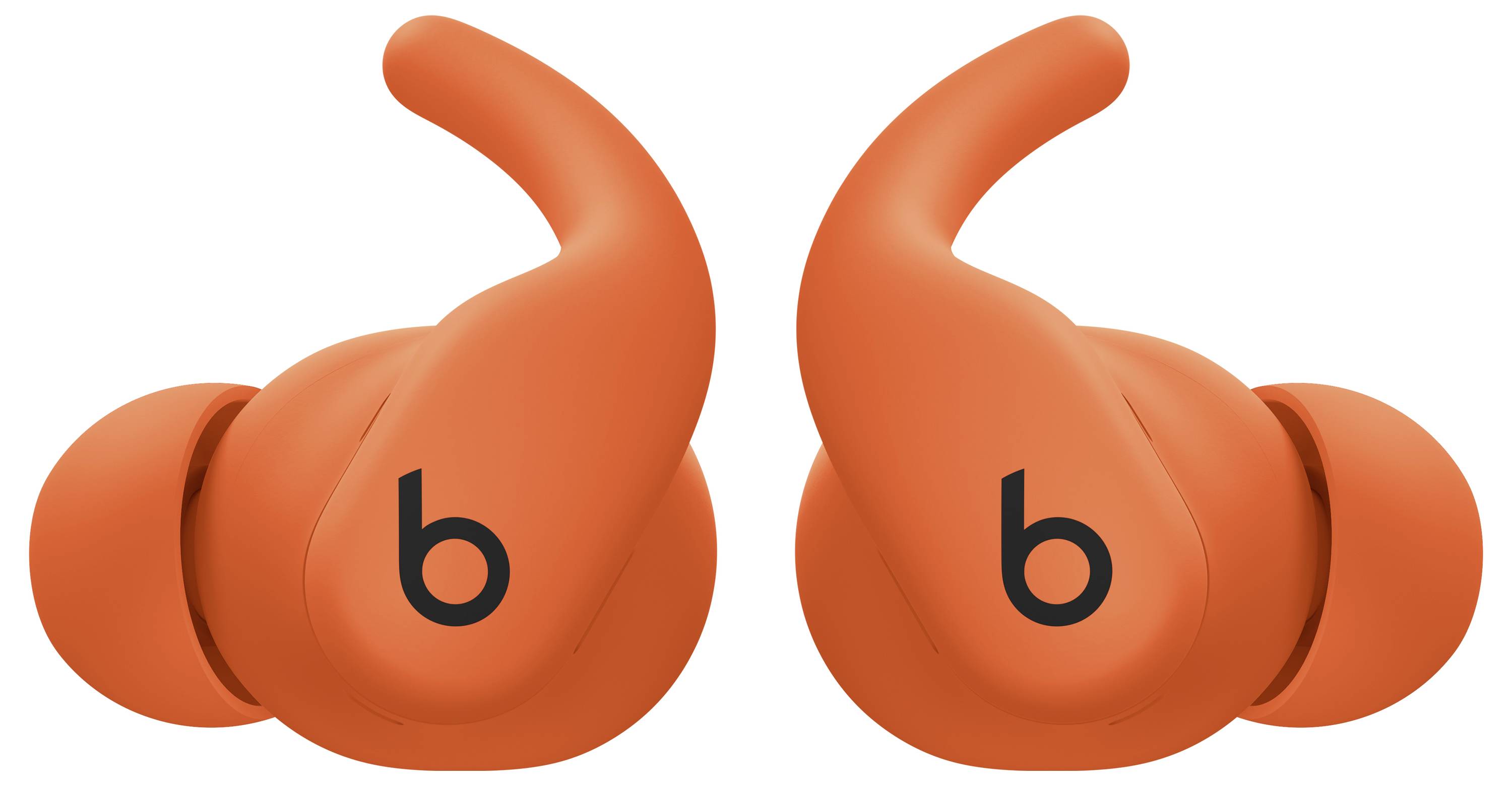 Bright orange wireless earbuds with a prominent 'b' logo on each earpiece, designed for a secure and comfortable fit.